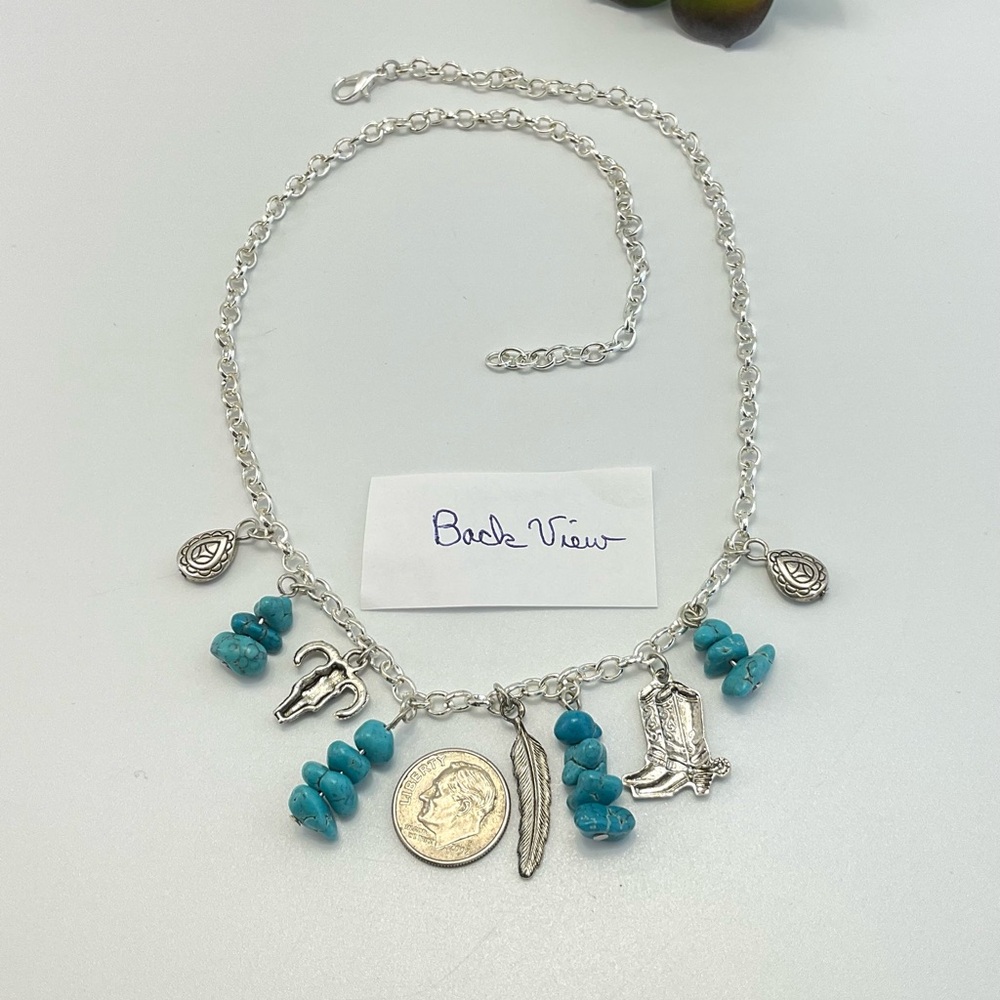 Western Multi Charm Necklace with Turquoise Howlite and Silver Plate, Cowgirl - Picture 5 of 7
